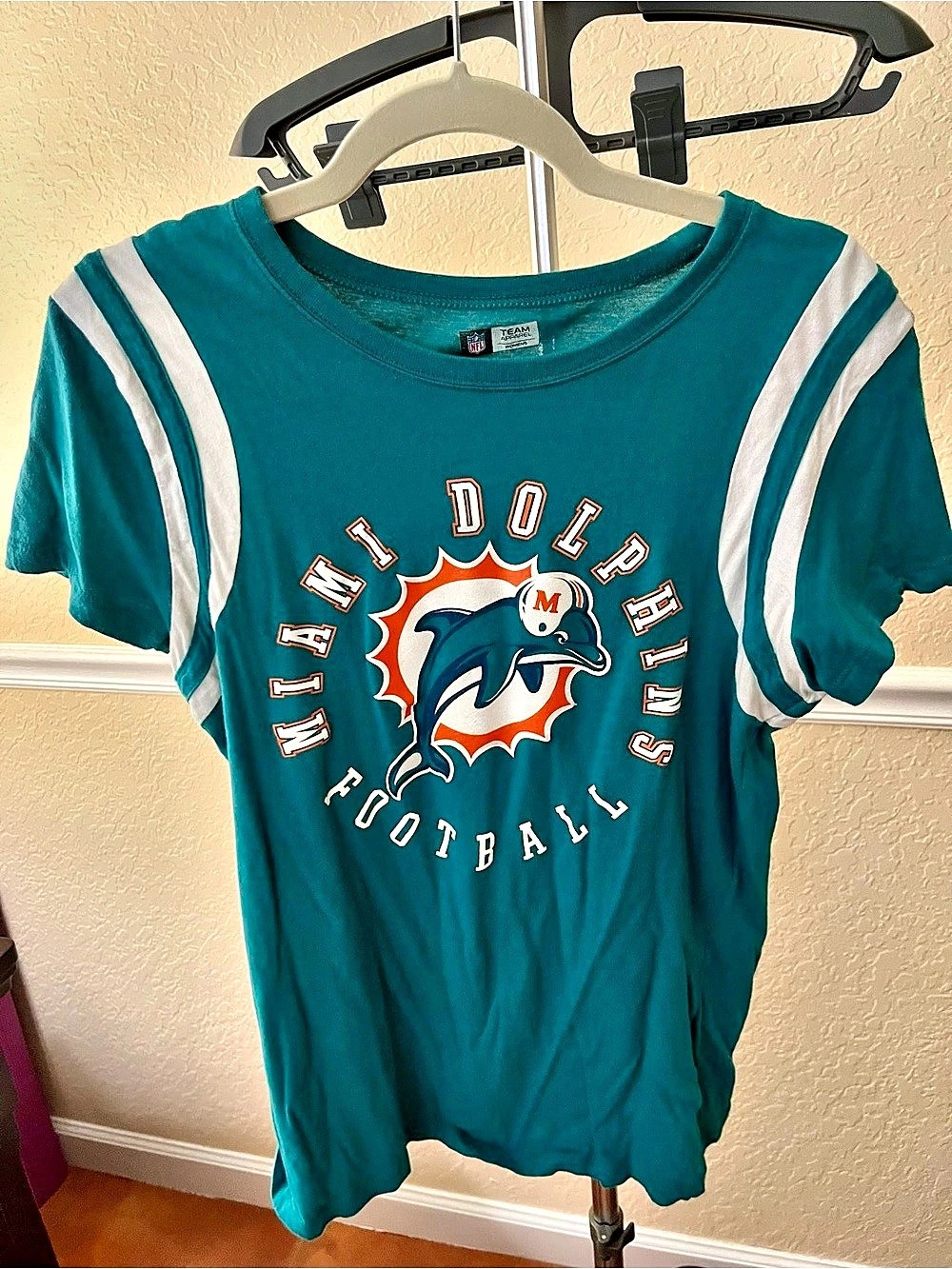 NFL Team Apparel Miami Dolphins Women's Varsity Stripe Short Sleeve T-Shirt Tee